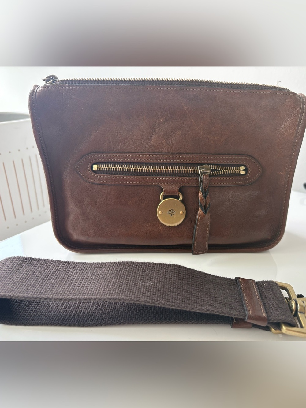 Mulberry Brown Leather Wristlet Clutch with Gold Hardware